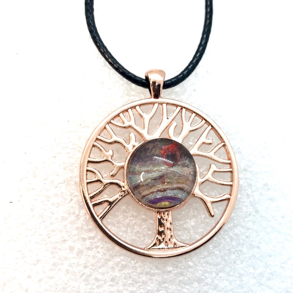 Handmade Tree of life necklace with hand painted glass dome non